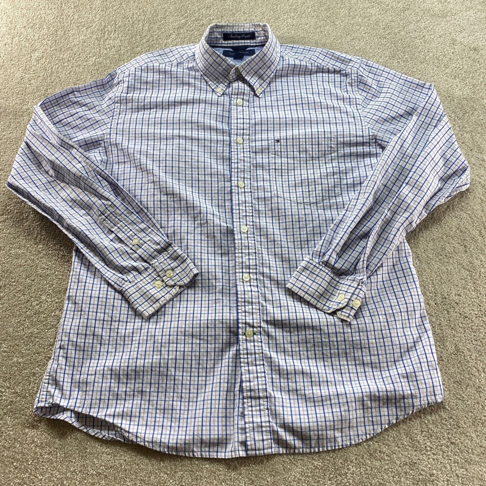 Tommy Hilfiger Button Down Shirt Mens Large Blue Purple Plaid Academy‎ Poplin